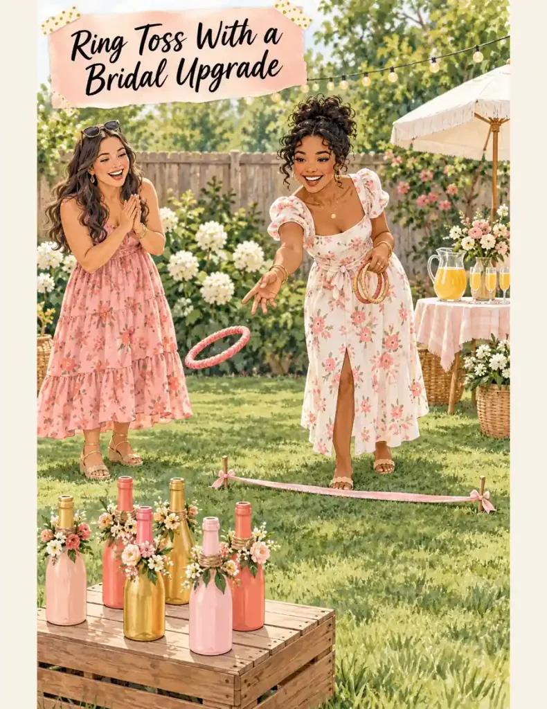 Bridal shower illustration of a guest tossing a pink ring toward floral bottles while a friend cheers on the lawn.
