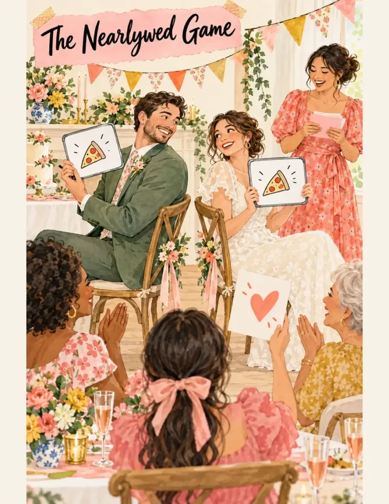 Bride and groom sit back to back, revealing matching pizza drawings on whiteboards as bridal shower guests cheer.
