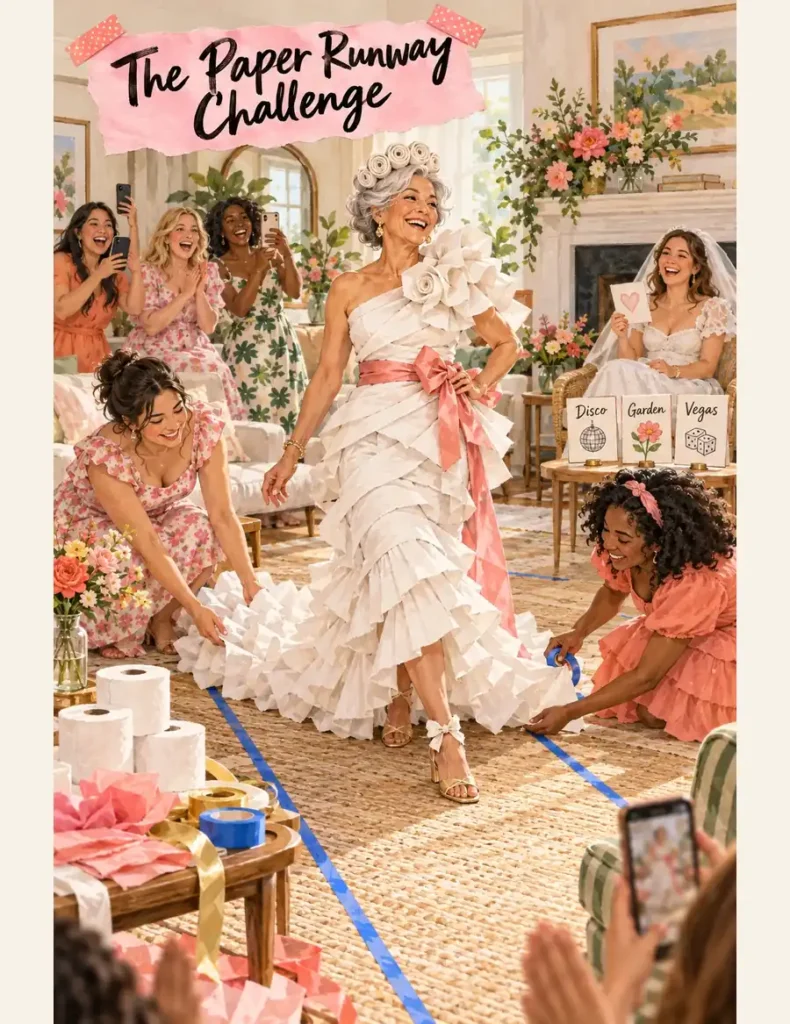 Older guest models a ruffled toilet paper gown and paper tiara as teammates adjust the train and the bride holds a scorecard.