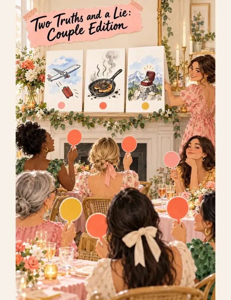 Guests raise colored voting paddles beneath three couple story cards showing lost luggage, a burnt pancake and a proposal.