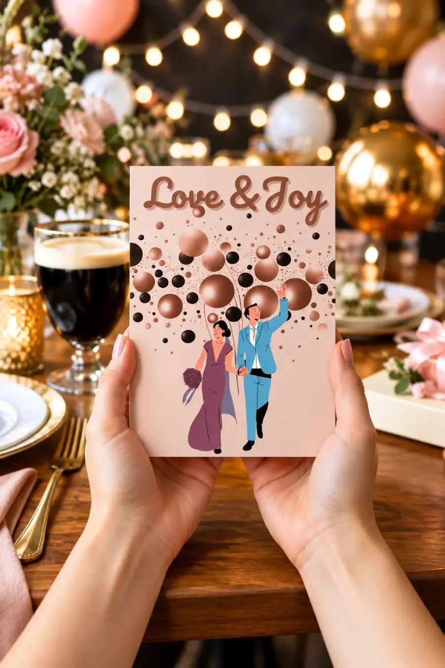 What to Write in a Wedding Card: 130+ Messages and Quotes 4 Hands holding a blush Love & Joy wedding card with an illustrated couple, surrounded by bouquets, balloons and string lights.