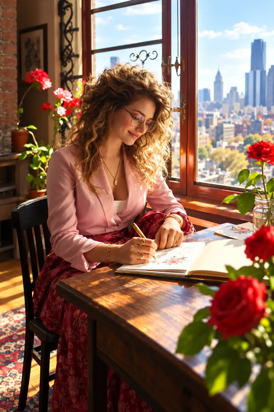What to Write in a Wedding Card: 130+ Messages and Quotes 2 Woman with curly hair and glasses writing a wedding card at a wooden desk beside fresh roses and a sunlit city-facing window.
