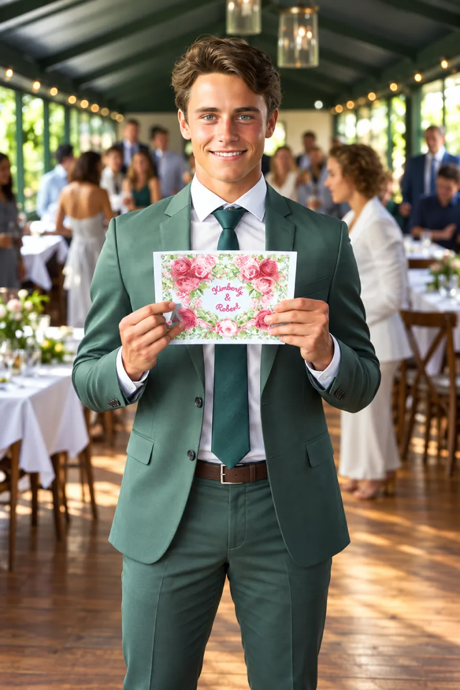 What to Write in a Wedding Card: 130+ Messages and Quotes 3 Smiling young man in a green suit holding a blush floral wedding card at the reception with guests and glowing string lights.