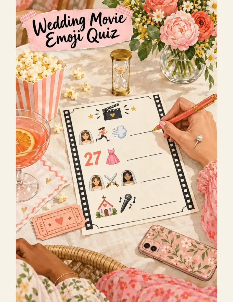 Wedding movie emoji quiz with a film-strip border, four picture clues, popcorn and a sand timer beside a guest holding a pen.