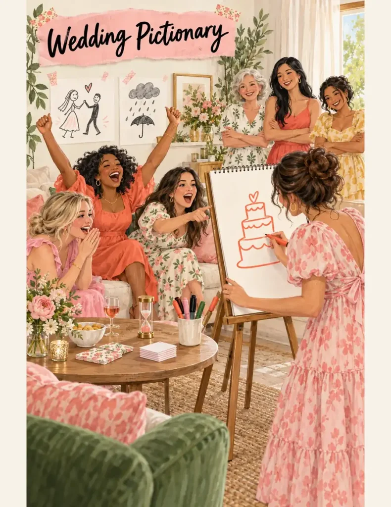Guest draws a three-tier wedding cake in coral marker as teammates shout guesses and cheer beside a running sand timer.