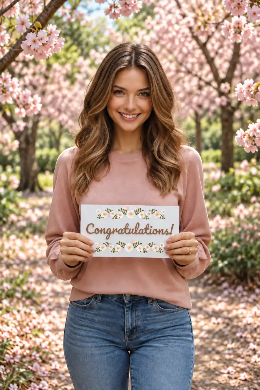 What to Write in a Wedding Card: 130+ Messages and Quotes 1 Smiling woman in a pink sweater holding a floral congratulations card, deciding what to write in a wedding card beneath cherry blossoms.