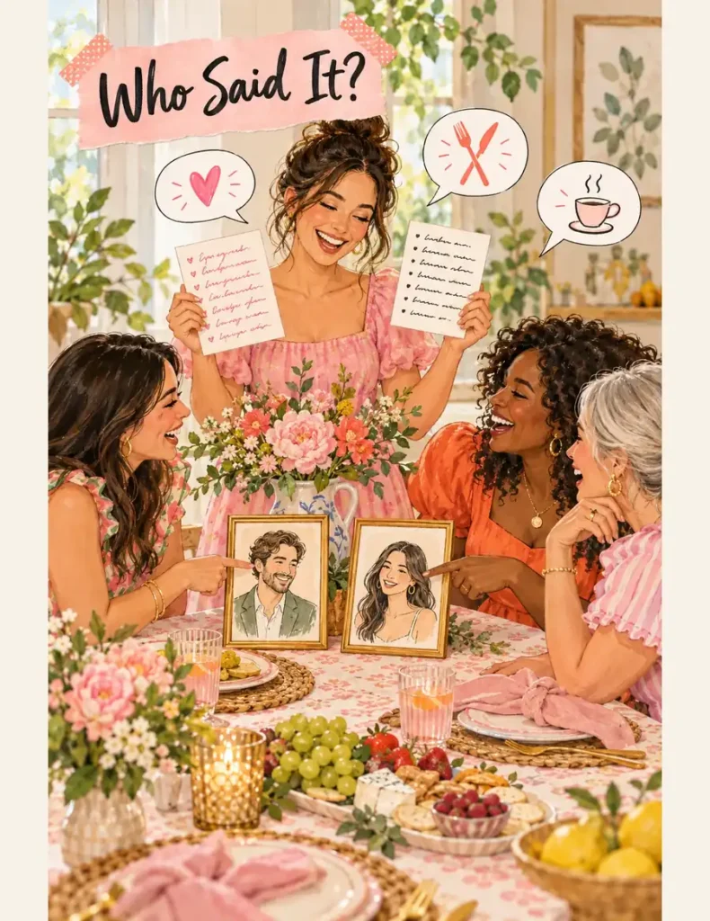 Host holds pink and black handwritten answer cards while guests point to portraits of the couple during Who Said It?