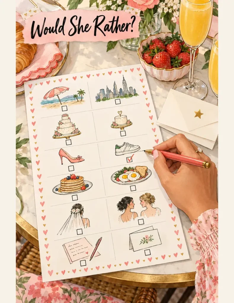 Guest checks the sneaker option on a Would She Rather sheet featuring paired wedding, travel and brunch illustrations.